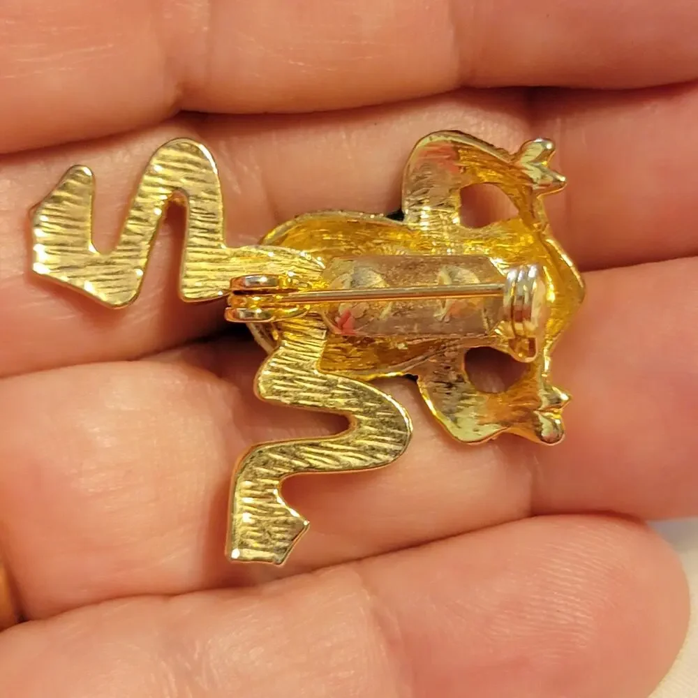 Vintage Green Frog Brooch Pin Enameled 1.25